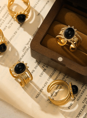 不锈钢！欧美跨境时髦感黑曜石镶嵌青春潮流男女开口可调节戒指环