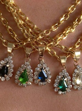 复古水滴吊坠宝石项链锆石水晶吊坠 钛钢电镀18k真金