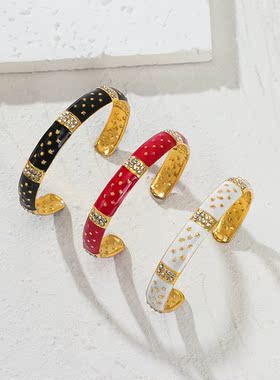 不锈钢！欧美青春活力重工彩色滴油C型手环珐琅镶钻开口明艳手镯