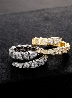 高档微镶锆石满钻蛇形戒指镀金小蛇形开口戒金澳潮流蛇骨食指环饰