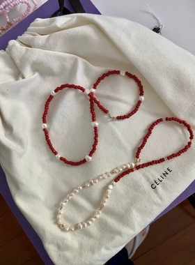 欧美跨境新年本命年大红色陶瓷米珠天然淡水珍珠串珠颈锁骨链项链