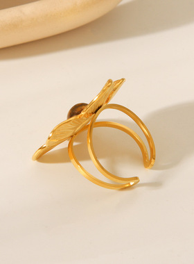 欧美法式跨境复古风18K金不锈钢戒指镶虎眼石花朵指环女气质手饰