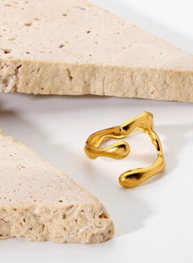 摩登网红18K欧美INS不锈钢女戒几何形感错边交叉肌理开口戒指饰品