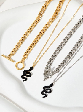 不锈钢！欧美跨境饰品摩登双层叠戴盘蛇吊坠项链不掉色设计项链女