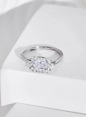 欧美S925纯银戒指女轻奢气质复古简约长方形锆石戒指欧美跨境货源