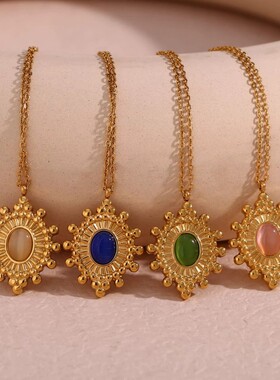 欧美ins摩登简约复古毛衣链饰品 不锈钢天然石椭圆船舵形吊坠项链