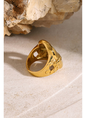 欧美镀18k金不锈钢戒指简约独特设计感小众O形几何龟纹钛钢戒指女