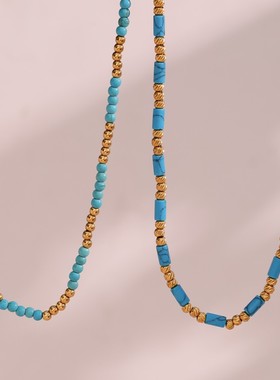 2024欧美时尚个性爆款饰品 不锈钢镀18K金色光面蓝松石珠子项链女