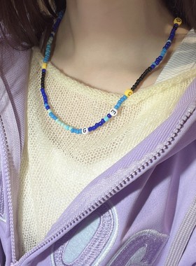 欧美原创设计2024流行青蓝黑色笑脸字母陶瓷米珠项链手链锁骨链