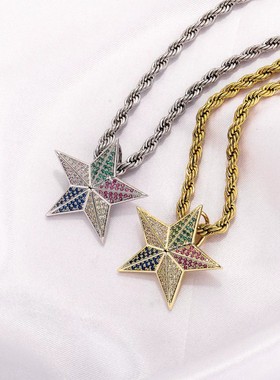 欧美新款男士嘻哈项链满钻彩色五角星吊坠胸针铜镶锆潮流配饰
