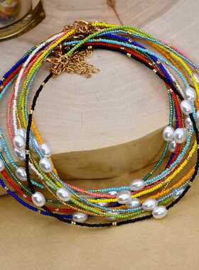 有现货！欧美冬季彩色女珍珠项链