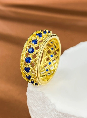 跨境 2024新款S925银镀金蓝尖晶宽版欧美跨境ins风排戒指环
