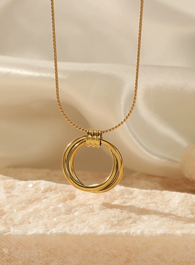 欧美简约圆形钛钢项链女士小众设计感气质百搭镂空圈圈锁骨链