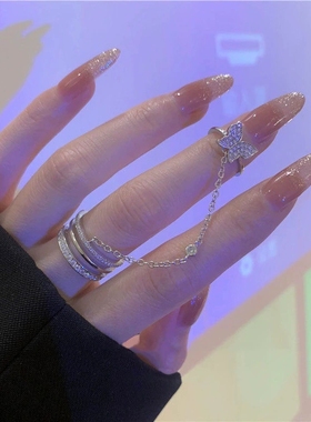 欧美新款轻奢小众设计蝴蝶指甲美甲拍照道具戒指ins简约流苏链条