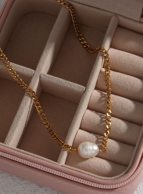 欧美ins摩登气质百搭锁骨链饰品女 不锈钢古巴链淡水珍珠吊坠项链