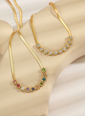 欧美INS风气质百搭彩钻不锈钢项链小众设计感百搭18K金蛇骨链女士