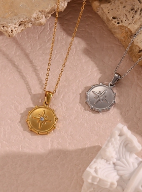 欧美ins摩登简约潮流百搭毛衣链饰品 不锈钢八芒星圆形舵吊坠项链