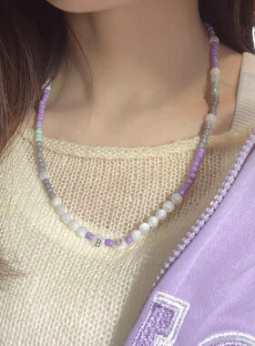 原创设计欧美温柔芋紫米珠天然玉化白贝母珠定制字母手链项链两用