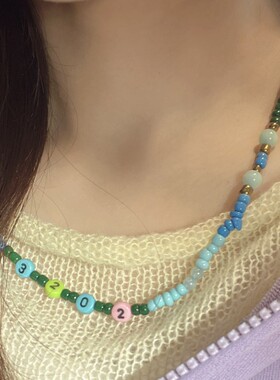 原创设计欧美沙滩风假日悠闲彩色陶瓷米珠天然玉髓锁骨链项链手链
