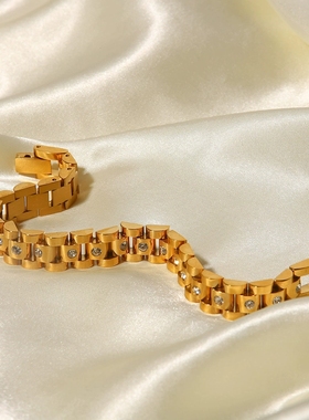 欧美INS网红同款金属风钛钢手链 不锈钢PVD镀18K金手表带手链手饰