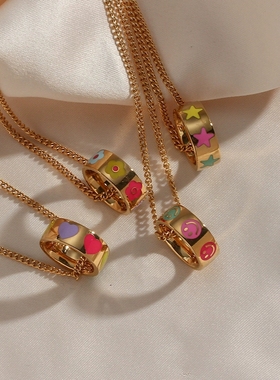 欧美ins摩登流行圆环项坠饰品 不锈钢镀18K彩色滴油圆圈吊坠项链
