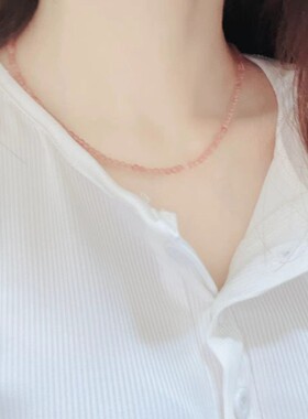 彩色宝石！天然草莓晶细项链约108颗3mm亲肤串圆珠锁骨链