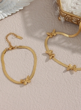 2024跨境欧美饰品手链女小众潮流设计不锈钢蝴蝶人形鱼骨链项链