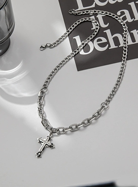 欧美潮流链条拼接镶钻十字形吊坠长款钛钢项链 嘻哈ins冷淡风配饰