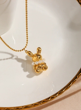 欧美摩登流行个性动物项坠饰品 不锈钢复古立体珍珠兔子吊坠项链