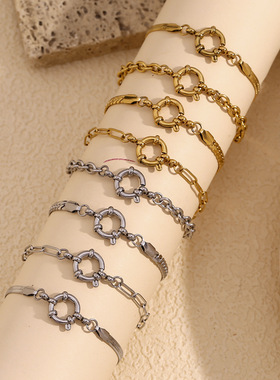 欧美叠戴素金小众百搭手饰不锈钢镀18K金刀片链弹弓扣回形针手链