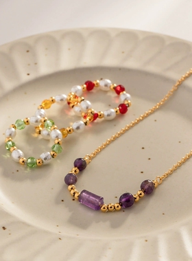 欧美ins风跨境18K镀金不锈钢紫色石头吊坠项链百搭不掉色小众饰品