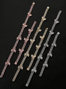 欧美青春潮流necklace嘻哈微镶锆石蝴蝶10mm古巴项链男女锁骨链