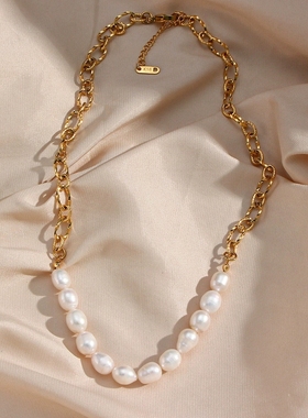 欧美ins摩登潮流气质锁骨链饰品 不锈钢纹路锁链多颗珍珠拼接项链