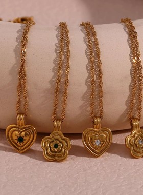 欧美ins摩登简约复古毛衣链饰品 不锈钢镀18K金同心图案吊坠项链