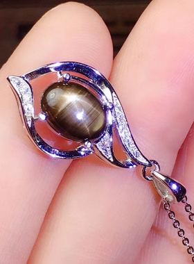 星光天然蓝宝石山东猫眼纯银吊坠