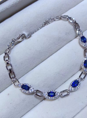 新款天然斯里兰卡蓝宝石手链高净度925银精工镶嵌厚重银精致时尚