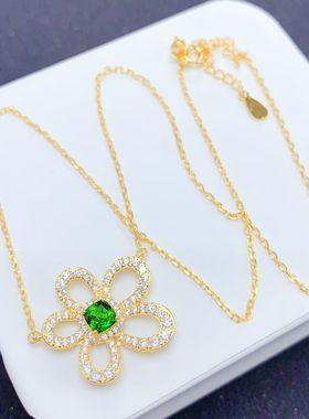 925银镀黄金天然透辉石项链坠绿宝石项链枕形方5mm时尚新款大花坠