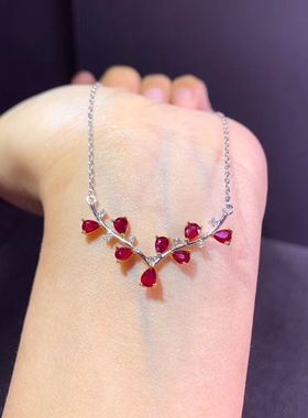 天然无烧红宝石925银白金锁骨链