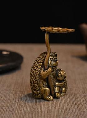 铜母子刺猬小摆件茶道铜茶宠盖置实心铜刺猬铜艺手把件古玩铜器件