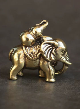 复古实心纯黄铜办公桌面车载小摆件福禄大象茶宠工艺品手把玩件