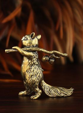 热销文艺松鼠小摆件实心黄铜松鼠创意复古铜工艺家居玄关装饰礼品