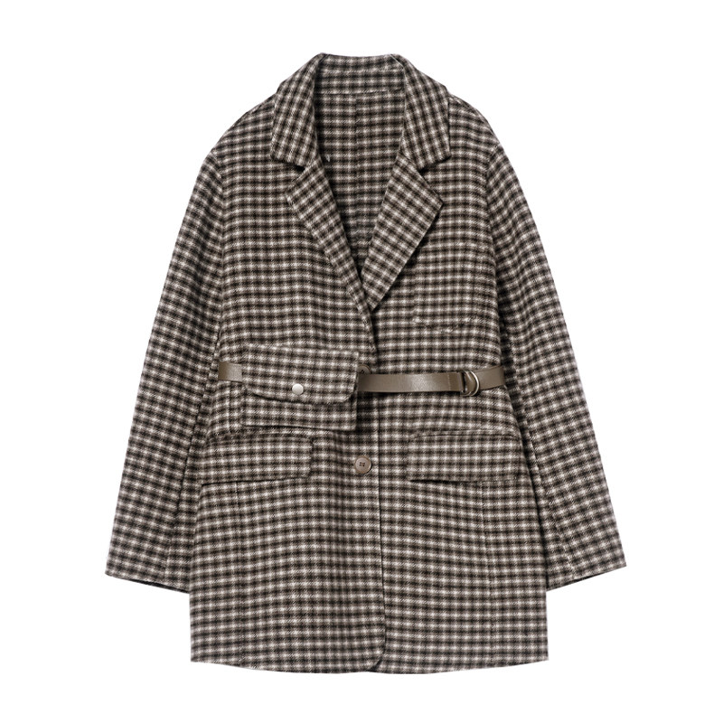 初棉咖色格子外套女短款澳洲羊毛 初棉毛呢外套
