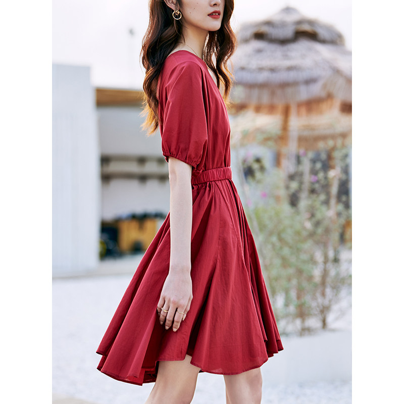 初棉大裙摆纯棉红色收腰连衣裙 初棉连衣裙