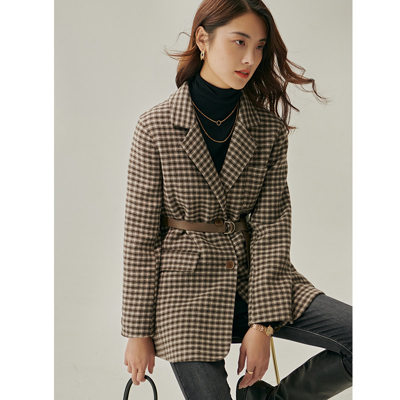 初棉咖色格子外套女短款澳洲羊毛 初棉毛呢外套