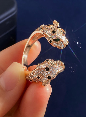 欧美风戒指个性霸气绿眼镶钻双头豹子开口食指环时尚百搭戒指