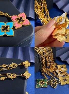 欧美新款幸运四叶草贝壳玛瑙镂空四瓣花菱形项链毛衣链气质长款