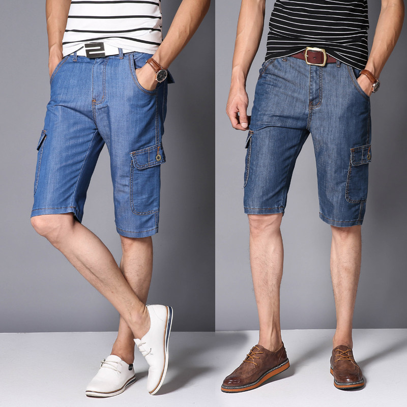 牛仔短裤男夏季薄款多口袋宽松直筒弹力工装高腰斜插袋五分七分裤,淘宝优惠券,粉丝福利购,淘宝优惠卷