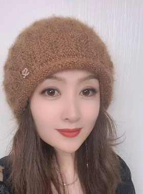松鼠新款针织双层堆堆帽开口时尚女士冬季加厚保暖帽子百搭手工