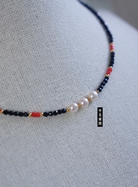 天然珍珠玛瑙紫水晶小众设计复古黑尖晶款个性项链女