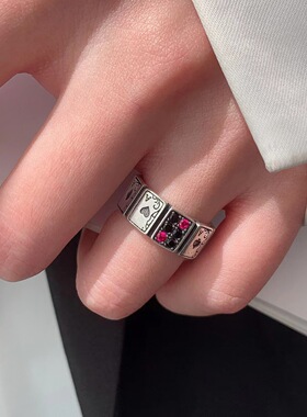 s925银扑克牌锆石复古戒指女夸张小众设计时尚个性开口食指环